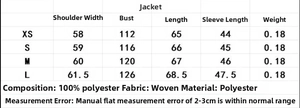 Detailed size chart for the linen kimono wrap jacket and pants set with measurements