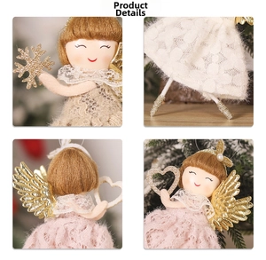 Detailed views of a Christmas angel doll featuring pink lace, glitter wings and snowflakes