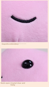 Close-up of pink axolotl plush showing exquisite embroidery and glossy resin eyes
