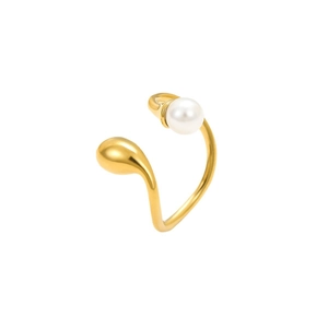 Gold stainless steel open ring with white pearl and streamlined teardrop design