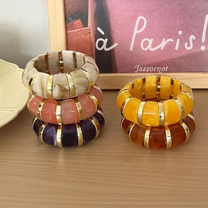 Bracelet En Résine Rétro Avec Texture De Marbre Géométrique Bracelet Large Élastique Bijoux De Mode Vintage Pour Femmes