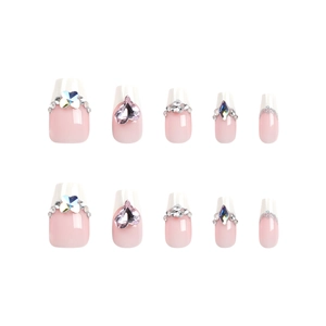 French pink heart rhinestone press-on nails set with glitter charms and white tips