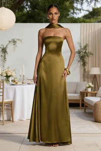 Detail view of olive green satin backless evening gown with matching neck accessory