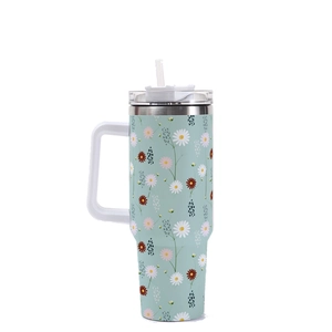40oz stainless steel tumbler with floral pattern, white handle and straw, light teal finish