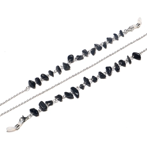 Detail of eyeglass chain with black natural stone chips and silver link chain links