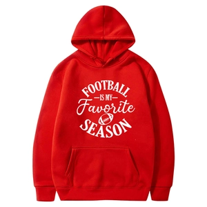 Red hooded sweatshirt with fleece lining and Football Season letter print for men and women