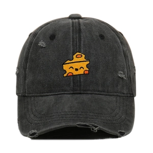 Distressed grey denim baseball cap with yellow cheese embroidery and torn hole design