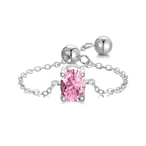 S925 sterling silver chain ring with oval pink zircon and adjustable beaded closure