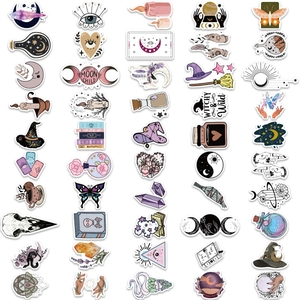 Bohemian witch-themed waterproof stickers for laptops and suitcases featuring moons and crystals