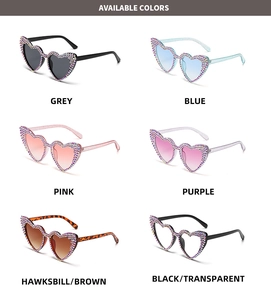 Detailed grid view showcasing sparkling rhinestone heart sunglasses in six assorted colors