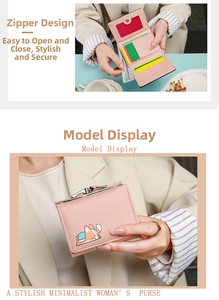 Detail of pink tri-fold wallet showing interior card slots and metal clasp closure