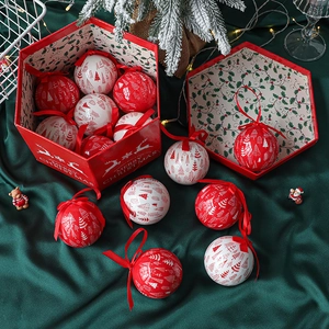 Christmas Ornament Balls Plastic Printed Santa Snowman Patterns Hanging Ribbons Decorative Hexagonal Gift Box Party Decor