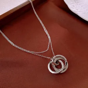 Interlocking Three Ring Pendant Necklace Copper Zircon Geometric Clavicle Chain Minimalist Silver Color For Women Elegant