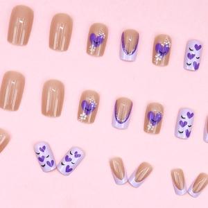 French purple heart and flower press-on nails in medium square shape with glossy finish