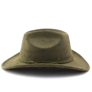 Detail view of olive green faux suede cowboy hat with braided rope band on white background
