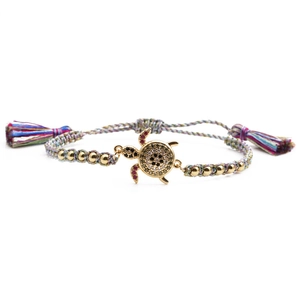Handmade woven turtle bracelet with colorful cubic zirconia and adjustable tassel strap