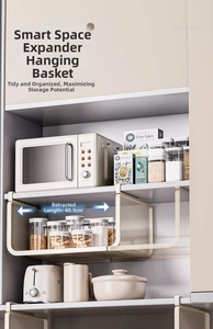 Cream metal under-cabinet storage basket showing 40.5cm extendable length for pantry