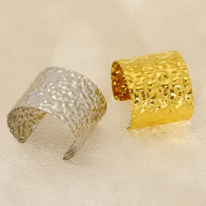 Hammered textured open cuff bracelets in 18K gold and silver finishes for women
