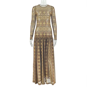 Detail view of the ethnic geometric pattern on the mesh long sleeve maxi dress