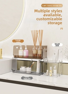 Stackable PET storage boxes in three colors shown in a luxury bathroom setting