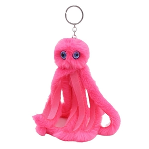 Cute pink plush octopus keychain with large blue eyes and a durable metal ring