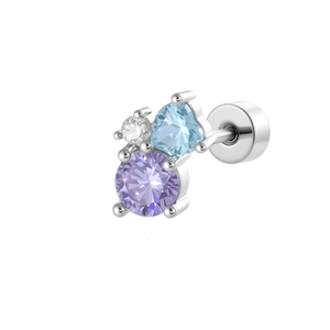 Elegant silver heart cartilage earring with purple and blue zircon gemstones