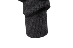 Detail of dark charcoal ribbed cuffs on a men's knitted sweater with high density weave