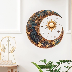 Celestial sun and moon wall decal with 3D embossed stars for home living room decor