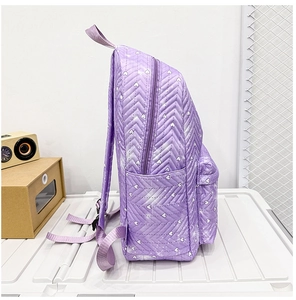 Vista lateral de mochila morada con corazones blancos y costuras en zigzag acolchadas