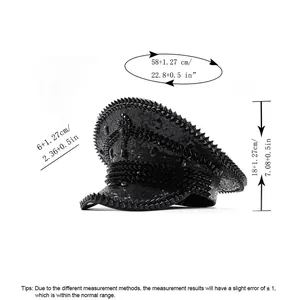 Size chart showing head circumference and height for the black sequin spiked captain hat