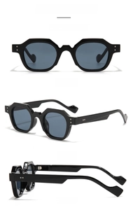 Three-view display of black thick frame geometric sunglasses with rivets and grey lenses