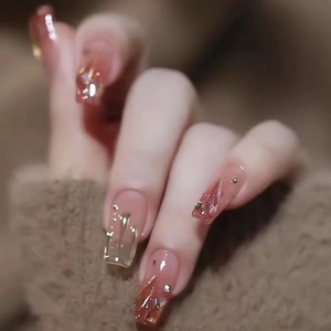 Nude Pink Gradient Coffin Press On Nails Medium Long Fake Nails With Rhinestone Gold Foil Embellishments Decorative Manicure