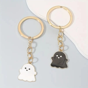 Cute black and white enamel ghost pendant keychains with gold metal rings for Halloween