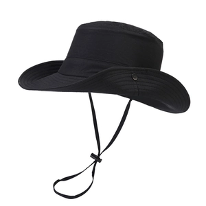 Outdoor sun protection bucket hat with wide brim and adjustable chin strap in black