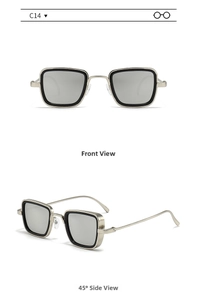 Front and 45-degree angle views of retro square sunglasses with champagne gold metal frames