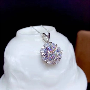 Detailed view of 2 carat round cut zircon pendant with floral halo in silver finish