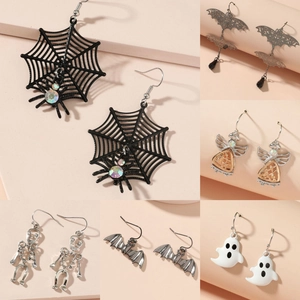 Halloween alloy earring set featuring ghosts pumpkins spiders and skulls with rhinestones