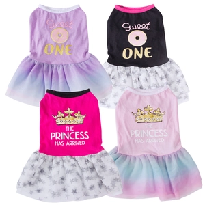Pet Dog Cat Dress Princess Style Tutu Tulle Layered Mesh Skirt Cotton Vest Crown Donut Print Puppy Clothing
