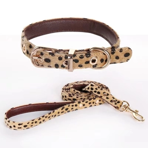 Leopard print faux fur dog collar and leash set with gold metal buckles on white background