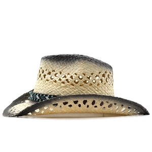 Ethnic straw cowboy hat with gradient ombre brim and turquoise beaded band for outdoors