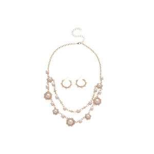Double-layer gold necklace with sunflower pearl pendants and matching hoop earrings