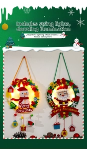 Detail of DIY Christmas felt wreath kit with glowing LED lights and snowman ornaments