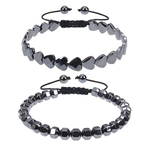 Heart Shape Hematite Magnetic Stone Adjustable Woven Rope Bracelet Unisex Fashion Jewelry Black