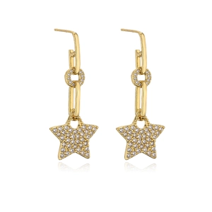 Macro shot of 18K gold plated chain drop earrings with sparkling star zircon pendants