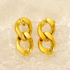 Polished gold stainless steel interlocking link hoop earrings with cuban chain design
