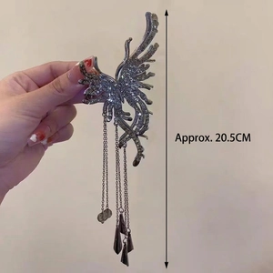 Elegant silver butterfly hair claw with tassel and rhinestones, length 20.5cm