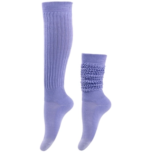 Detailed knit texture of purple slouch socks showing ribbed weave and stacked style