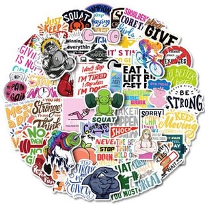 Detailed view of colorful vinyl motivational fitness stickers arranged in a circular layout