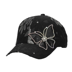 Women Baseball Cap Lace Floral Mesh With Rhinestone Butterfly Sun Visor Breathable Outdoor Fashion Adjustable