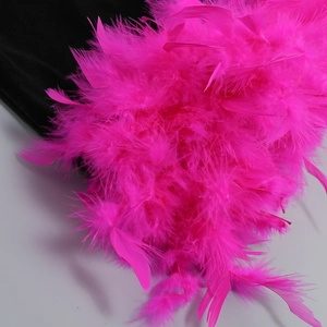 Macro shot of fluffy bright pink feathers and soft bone detail on a party dress